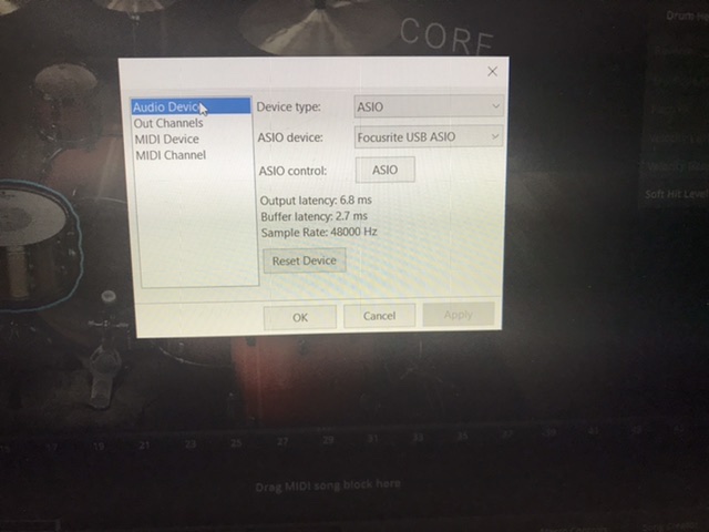 SD3 settings pointing to ASIO Focusrite USB